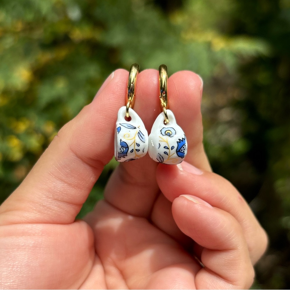18K Gold Plated Stainless Steel Porcelain Tea Cup Earrings